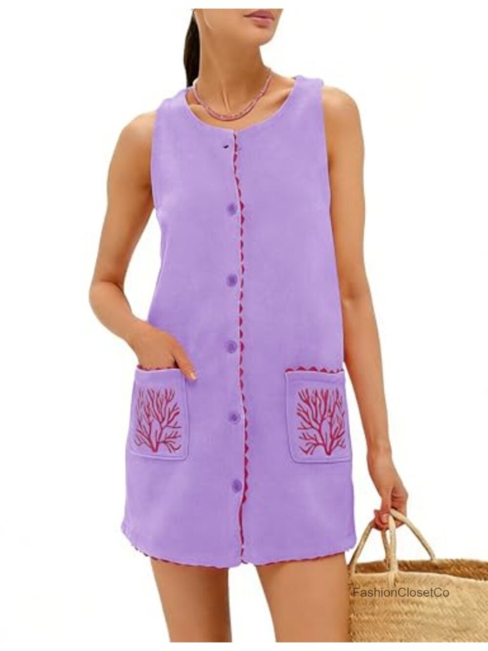 Lightweight Terry Cloth Shift Dress with Front Button Placket and Pockets